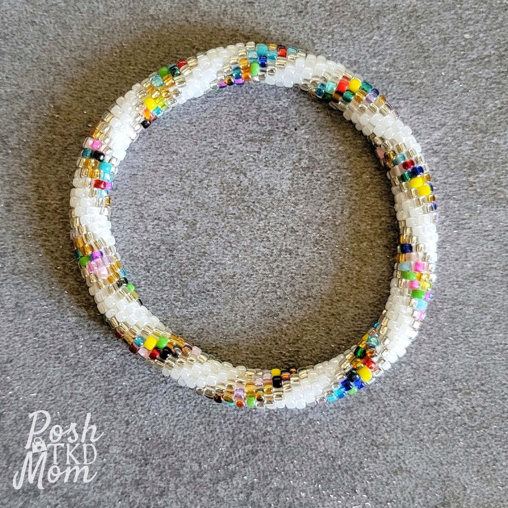 Glass Bead Bracelet (White/Multi/Silver) - NWOT